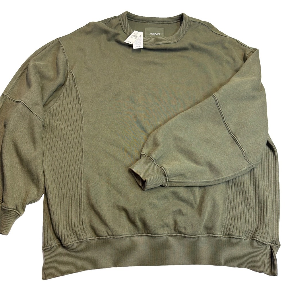 Aerie Tres Chic Olive Sweatshirt Women small Oversized Crew Neck Ribbed MSRP $59